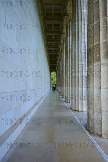 Long and narrow colonnade with a symmetrical vanishing point on the left, Walhalla, Donaustauf, Regensburg, Bavaria, Germany