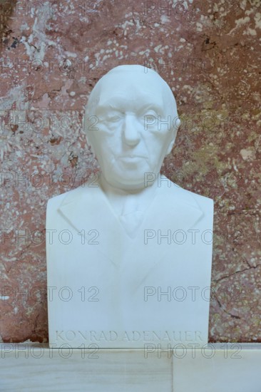Serious marble bust of Konrad Adenauer, white marble against a red background, Walhalla, Donaustauf, Regensburg, Bavaria, Germany
