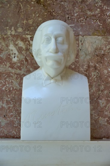 Albert Einstein, Humorous marble bust, classical style with friendly expression against a red background, Walhalla, Donaustauf, Regensburg, Bavaria, Germany