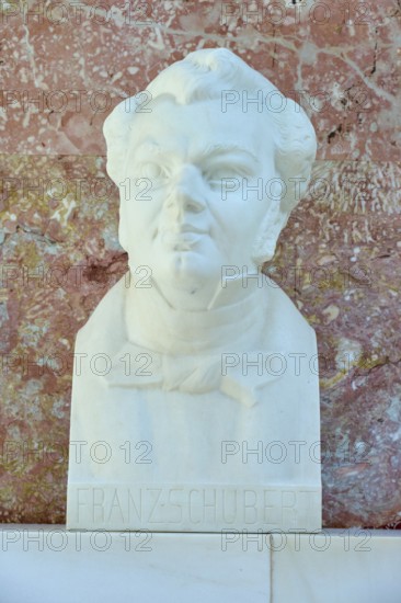 Marble bust of Franz Schubert, musical expression against a red background, Walhalla, Donaustauf, Regensburg, Bavaria, Germany