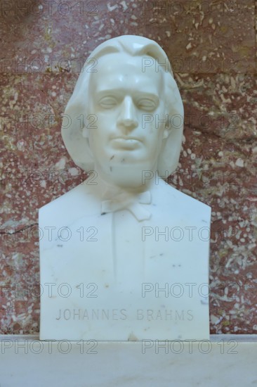 Marble bust of Johannes Brahms against a reddish background, Walhalla, Donaustauf, Regensburg, Bavaria, Germany