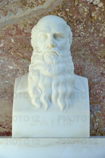 Marble bust of Friedrich Ludwig Jahn, father of gymnastics, with long beard, conveys dignity against a red background, Walhalla, Donaustauf, Regensburg, Bavaria, Germany