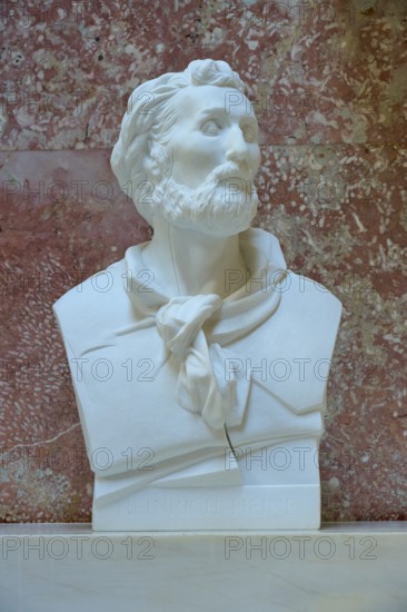 Marble bust of Heinrich Heine with beard against a reddish background, Walhalla, Donaustauf, Regensburg, Bavaria, Germany
