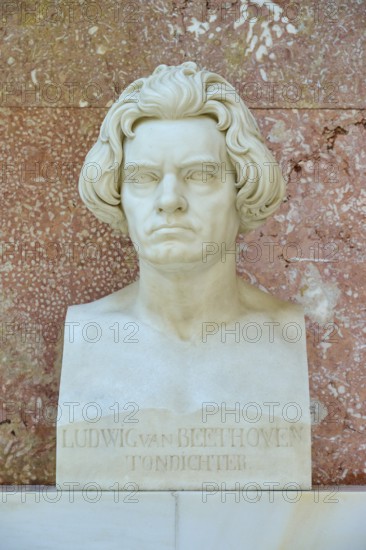 White marble bust of Ludwig van Beethoven in front of a reddish wall, Walhalla, Donaustauf, Regensburg, Bavaria, Germany