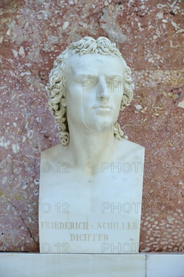 Marble bust of Friedrich Schiller, poet, against a reddish background, Walhalla, Donaustauf, Regensburg, Bavaria, Germany