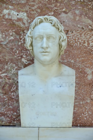Marble bust of Johann Wolfgang Goethe against a reddish background, Walhalla, Donaustauf, Regensburg, Bavaria, Germany