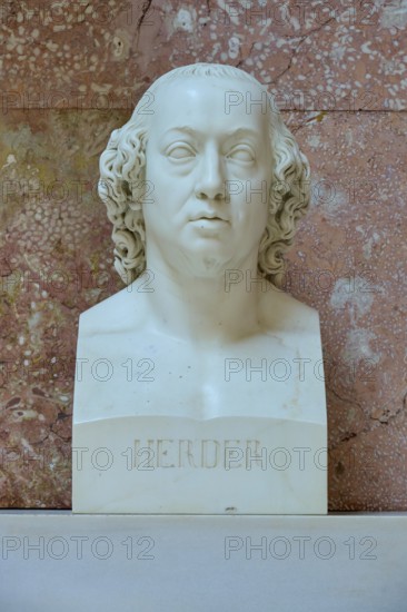 Marble bust of Johann Gottfried Herder against a reddish background, Walhalla, Donaustauf, Regensburg, Bavaria, Germany