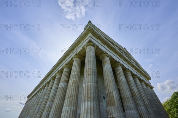 Impressive columned building that stands out against a light-flooded sky, Walhalla, Donaustauf, Regensburg, Bavaria, Germany