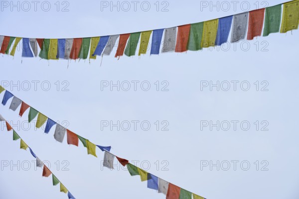 Colourful prayer flags waving gently against the blue sky and creating a meditative atmosphere, Bavaria, Germany