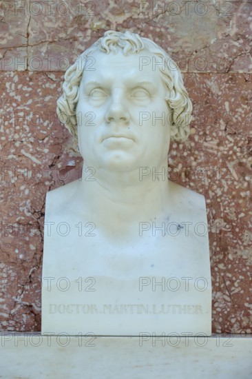 White marble bust of Martin Luther in front of a reddish wall, Walhalla, Donaustauf, Regensburg, Bavaria, Germany