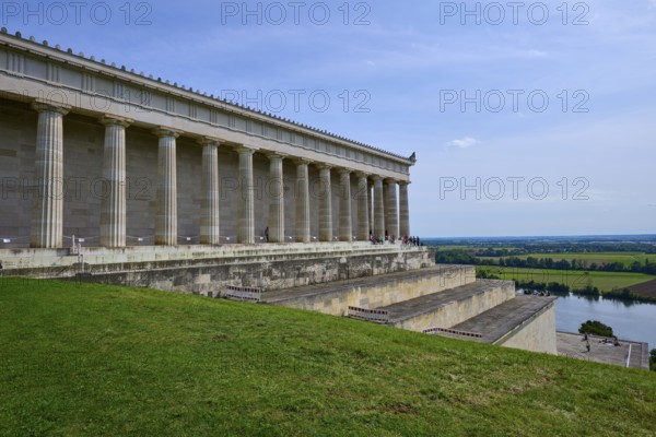 Side view of a building with columns, embedded in a green landscape, Walhalla, Donaustauf, Danube, Regensburg, Bavaria, Germany