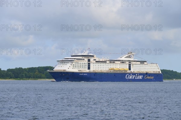 Ferry of the Color Line on the sea with cloudy sky, Heikendorf, district Plön, Kieler Förde, Schleswig-Holstein