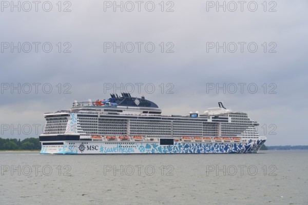 Large cruise ship, MSC Euribia, in calm waters under a cloudy sky, Heikendorf, Plön district, Kiel Fjord, Schleswig-Holstein, Germany