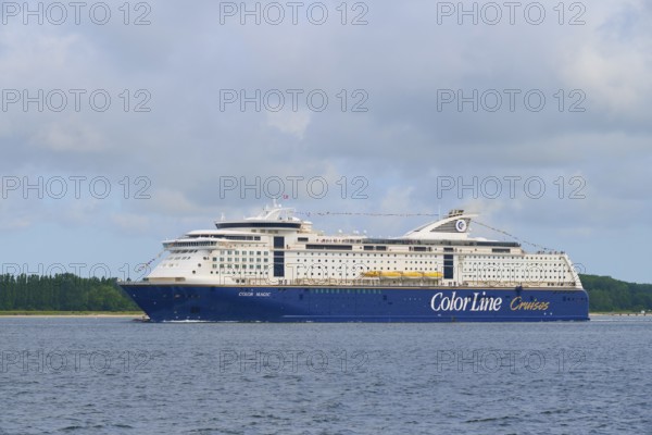 Large Color Line ferry on the sea under a cloudy sky, Heikendorf, Plön district, Kiel Fjord, Schleswig-Holstein, Germany