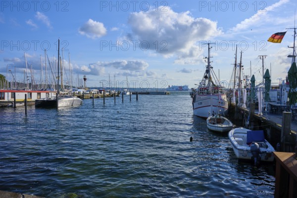 Harbour view with moored boats and blowing wind under a blue sky, Heikendorf, Plön district, Kiel Fjord, Schleswig-Holstein, Germany
