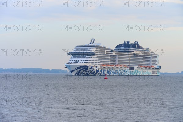 Large cruise ship, MSC Euribia, gliding calmly across the wide sea, Heikendorf, Plön district, Kiel Fjord, Schleswig-Holstein, Germany