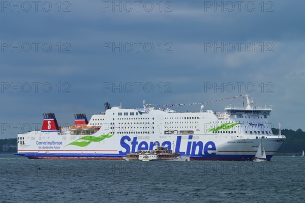 Large Stena Line ferry on the sea, accompanied by smaller sailing boats under a cloudy sky, Windjammer Parade Kiel 2025, Heikendorf, Plön district, Kiel Fjord, Schleswig-Holstein, Germany