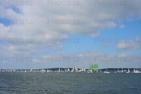 Regatta of sailing boats on the ocean on a cloudy day, Windjammer Parade Kiel 2025, Heikendorf, Plön district, Kiel Fjord, Schleswig-Holstein, Germany