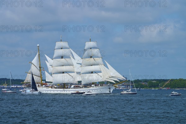 A large sailing ship Gorch Fock with white sails on the water, Windjammer Parade Kiel 2025, Heikendorf, Plön district, Kiel Fjord, Schleswig-Holstein, Germany