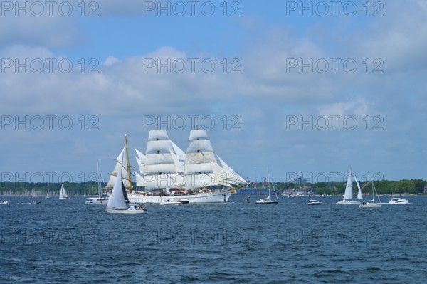 Tall ship Gorch Fock with white sails accompanied by small boats, Windjammer Parade Kiel 2025, Heikendorf, Plön district, Kiel Fjord, Schleswig-Holstein, Germany