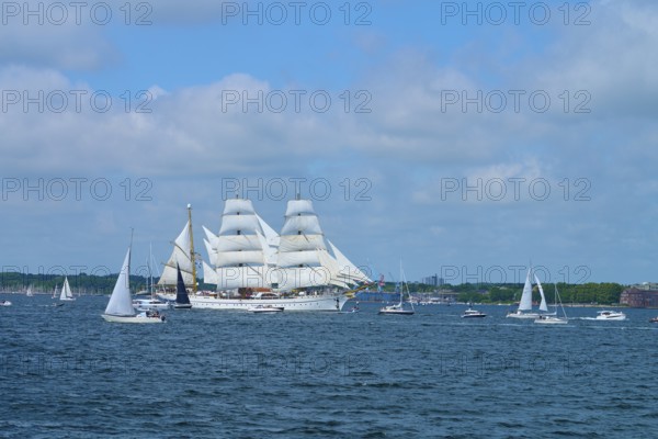 A large sailing ship Gorch Fock surrounded by smaller boats on the water, Windjammer Parade Kiel 2025, Heikendorf, Plön district, Kiel Fjord, Schleswig-Holstein, Germany