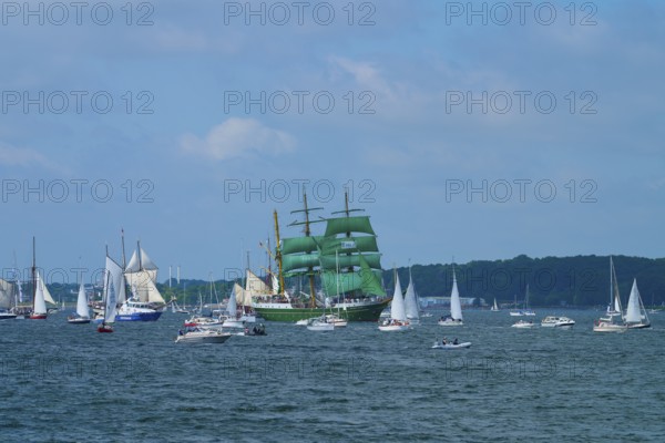 Beautiful view of many sailing boats and a striking green sailing ship Alexander von Humbold 2 in the foreground, Windjammer Parade Kiel 2025, Heikendorf, Plön district, Kiel Fjord, Schleswig-Holstein, Germany
