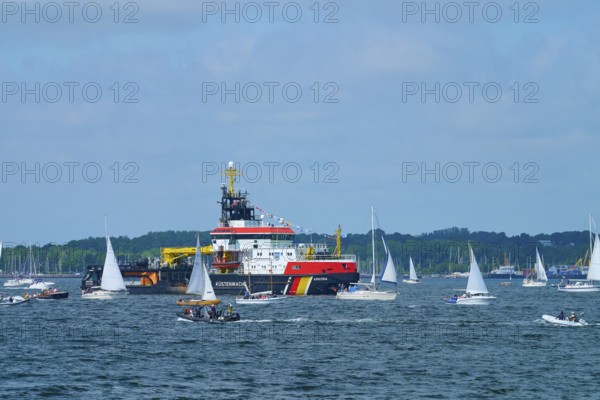 Various sailing boats and a large ship Arkona Coast Guard on a sunlit sea, Windjammer Parade Kiel 2025, Heikendorf, Plön district, Kiel Fjord, Schleswig-Holstein, Germany