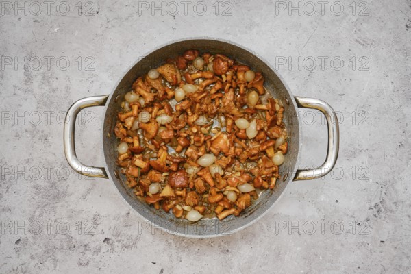 A delicious mix of sauteed mushrooms and pearl onions in a skillet on a clean countertop. The dish showcases a golden-brown color, indicating it is cooked to perfection and ready to serve