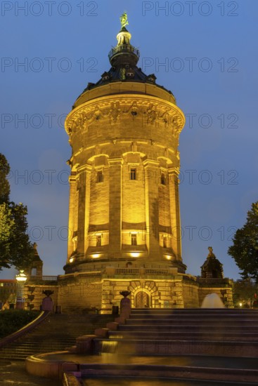 Water Tower, Blue Hour, Mannheim, Kurpfalz, Baden-Württemberg, Germany