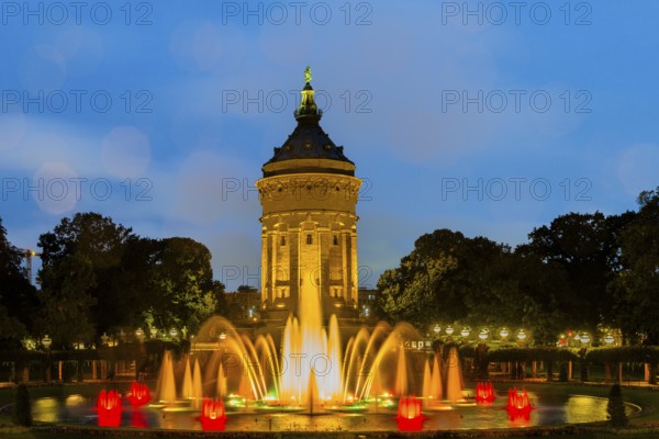 Water features at the water tower, water tower, blue hour, Kurpfalz, Mannheim, Baden-Württemberg, Germany