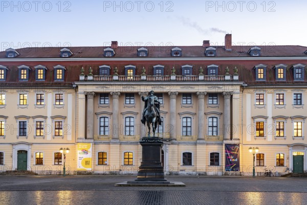 The Princely House with equestrian statue of Carl August, main building of the Franz Liszt School of Music in Weimar, Thuringia, Germany