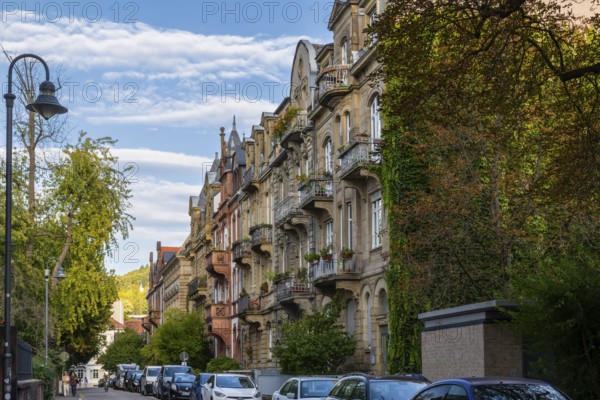 Balconies on a house facade, historic houses, Landfriedstraße, Heidelberg, Kurpfalz, Baden-Württemberg, Germany