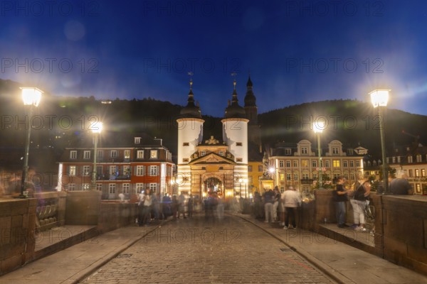 City Gate Old Bridge, River, Blue Hour, Heidelberg, Electoral Palatinate, Baden-Württemberg, Germany