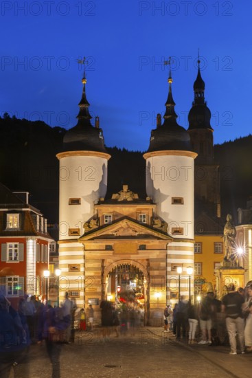 City Gate Old Bridge, River, Blue Hour, Heidelberg, Electoral Palatinate, Baden-Württemberg, Germany