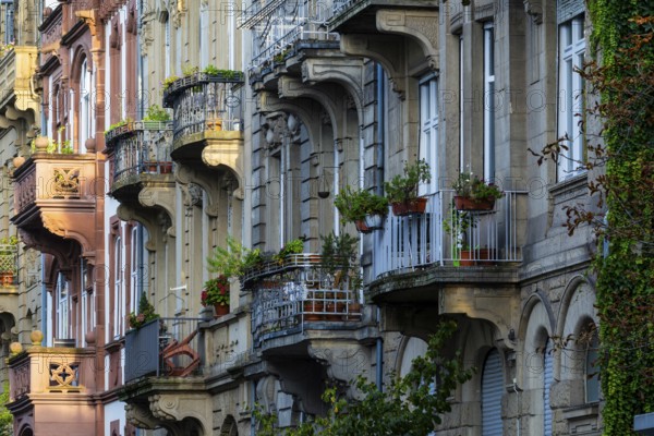 Balconies on a house facade, historic houses, Landfriedstraße, Heidelberg, Kurpfalz, Baden-Württemberg, Germany