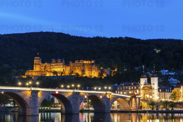 Old Bridge, Heidelberg Castle, City Gate, Nekar, River, Blue Hour, Heidelberg, Electoral Palatinate, Baden-Württemberg, Germany