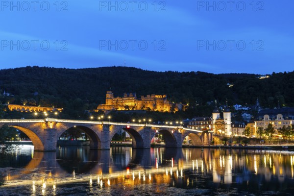 Old Bridge, Heidelberg Castle, City Gate, Nekar, River, Blue Hour, Heidelberg, Electoral Palatinate, Baden-Württemberg, Germany