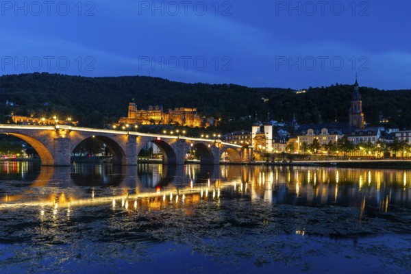 Old Bridge, Heidelberg Castle, City Gate, Nekar, River, Blue Hour, Heidelberg, Electoral Palatinate, Baden-Württemberg, Germany