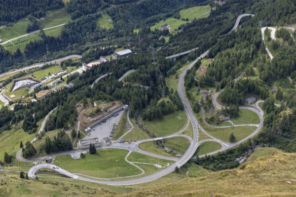 View of the engineering structures of the Gotthard Pass road, from Passo Scimfuss to Airolo, Ticino, Switzerland