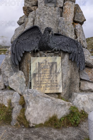 Aviation memorial, memorial to the Vaud aviator Adrien Guex 1928 at Lago della Piazza, Gotthard Pass, Ticino, Switzerland