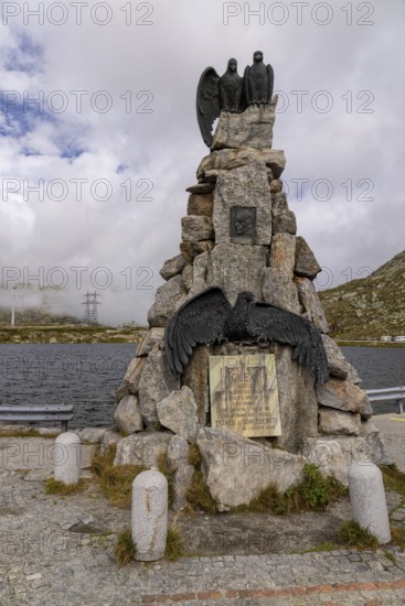 Aviation memorial, memorial to the Vaud aviator Adrien Guex 1928 at Lago della Piazza, Gotthard Pass, Ticino, Switzerland