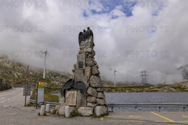 Aviation memorial, memorial to the Vaud aviator Adrien Guex 1928 at Lago della Piazza, Gotthard Pass, Ticino, Switzerland