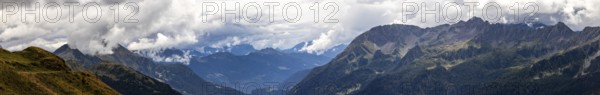 View over Passo Scimfuss into the upper Leventina, on the left Ritom area, on the right Bedretto, Airolo, Ticino, Switzerland