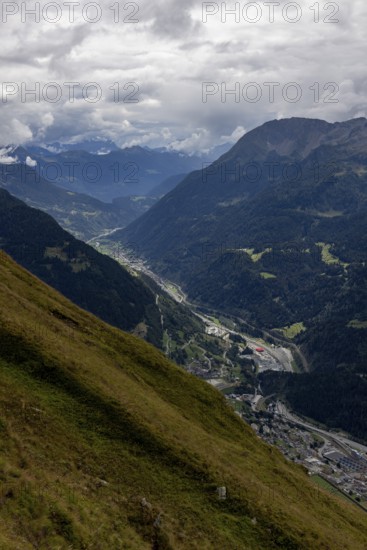 View of the upper Leventina with Airolo, Passo Scimfuss, Ticino, Switzerland