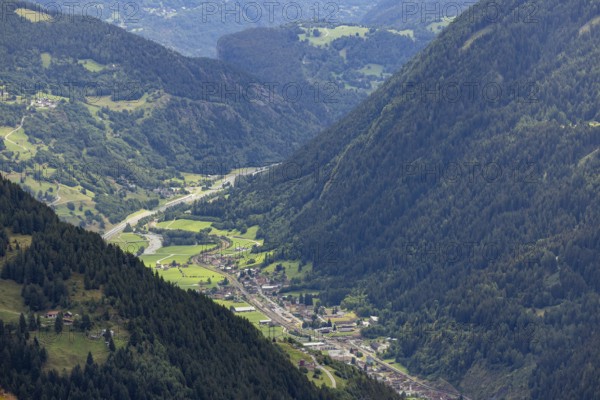 View of the upper Leventina with railway line and motorway, Passo Scimfuss, Ticino, Switzerland
