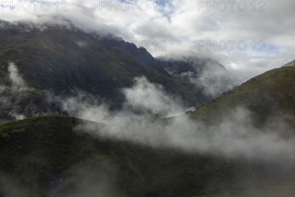 Fog, view of Val Curnera, Oberalp Pass, Surselva, Grisons, Switzerland