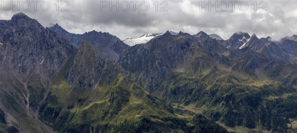 View over the Bedretto valley into the Cristallina area, Basodino glacier in the background, Airolo, Ticino, Switzerland