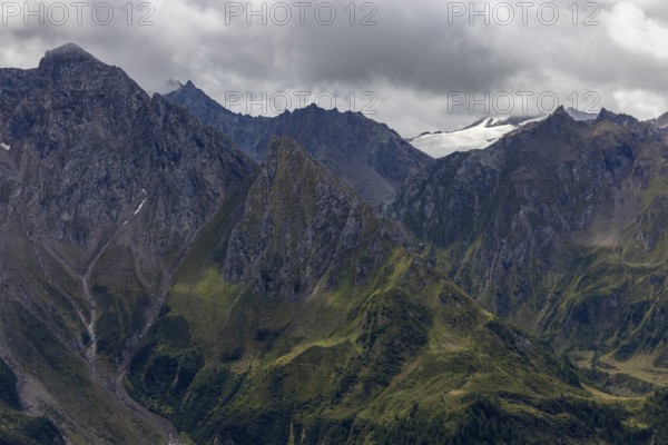 View over the Bedretto valley into the Cristallina area, Basodino glacier in the background, Airolo, Ticino, Switzerland