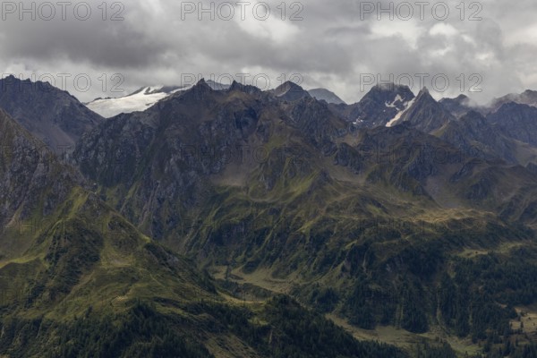 View over the Bedretto valley into the Cristallina area, Basodino glacier in the background, Airolo, Ticino, Switzerland