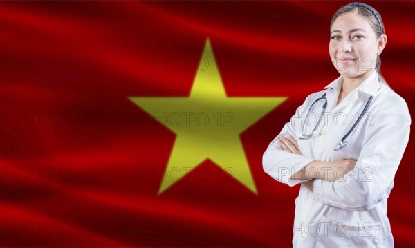 Female doctor on Vietnam flag. Doctor with crossed arms on Vietnam flag. Vietnam health and care concept